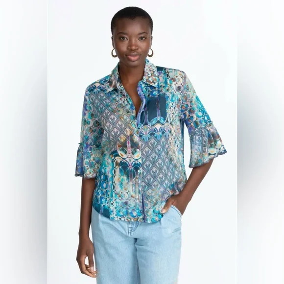 Johnny Was Workshop Klodi Ruffle Sleeve Blouse Sz 3X Blue Boho Print Cotton Top - Picture 1 of 10